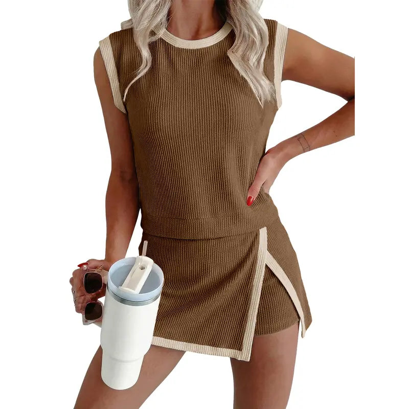 EVALESS Women's 2-Piece Sets Casual Crewneck Ribbed Sleeveless Knit Top & Split Lined Skirt Two Pieces Soft Matching Set Basic Summer Outfits 2026 WOmenswear SummerVibes  Deals For You Days summer outfits High Waisted Style Clothes Elastic Athletic Suits