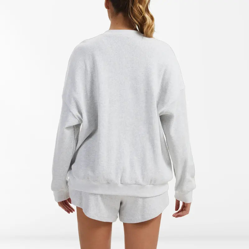AnotherChill Women's Oversized Waffle Knit Lounge Set - Long Sleeve Henley Sweatshirt and High Waisted Shorts 2 Piece Casual Outfit Baggy Button #sohochic