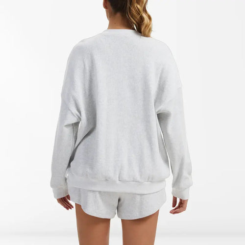 AnotherChill Women's Oversized Waffle Knit Lounge Set - Long Sleeve Henley Sweatshirt and High Waisted Shorts 2 Piece Casual Outfit Baggy Button #sohochic