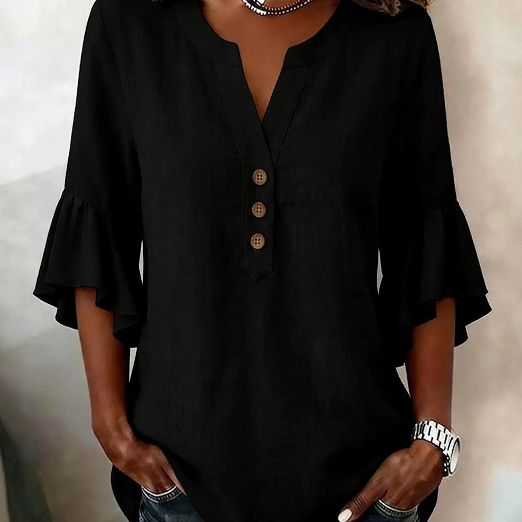 Women's V-Neck Solid Color Button Front Casual Loose Ruffle Sleeve T-Shirt, Fashionable Leisure Top, Stylish and Comfortable, Ruffled, Everyday