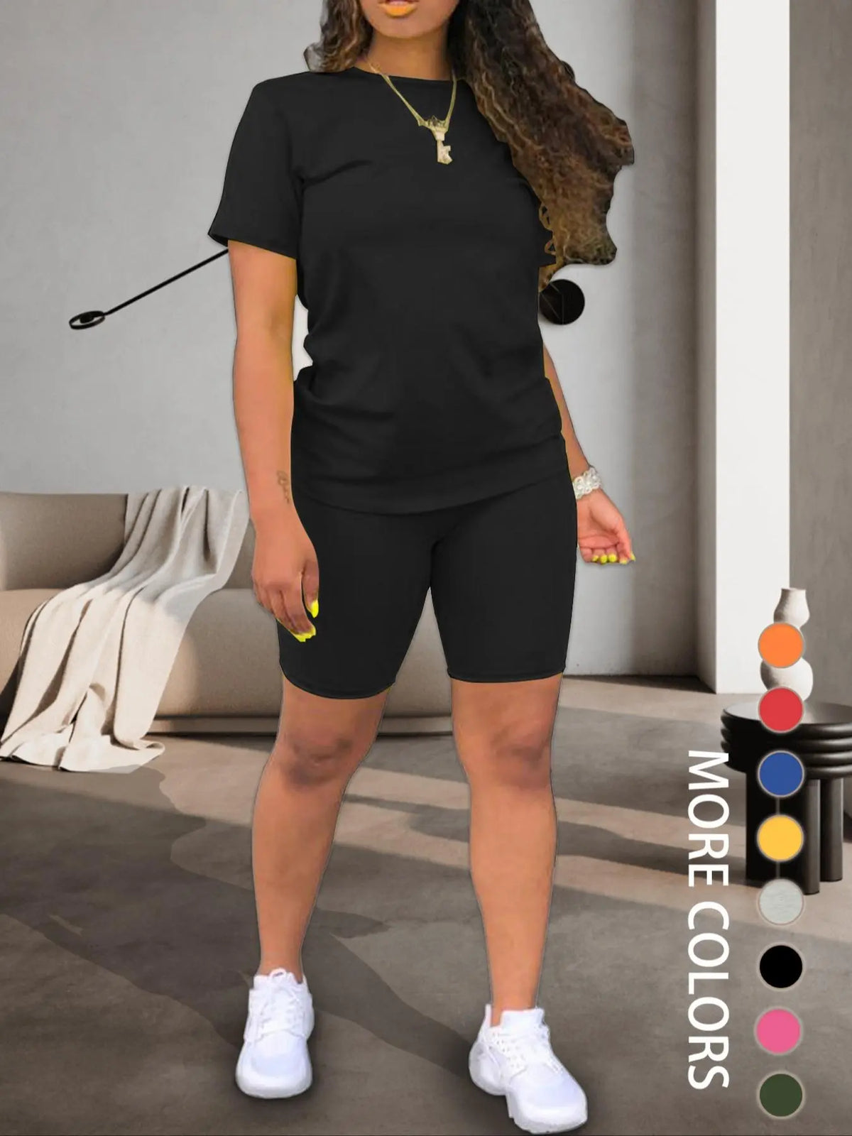 Two-piece Women's Fitted Plain Basic Round Neck Tee & Skinny Shorts Set, Minimalist, Casual Summer Clothes for Women, Short Sleeve Crew Neck T-shirt & Shorts, Summer Outfit for Outdoor, Matching Clothing Set, Casual Beach Set, Fashion Clothes Set