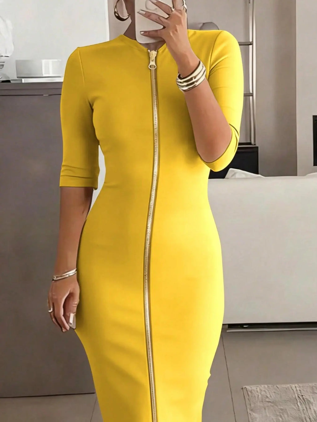 Women's Solid Color Half-Sleeve Dress, Zippered Slim-Fit Design for Spring, Summer & Fall, Elegant Evening Party Dress for Formal Wear, Elegant Fashion Dress