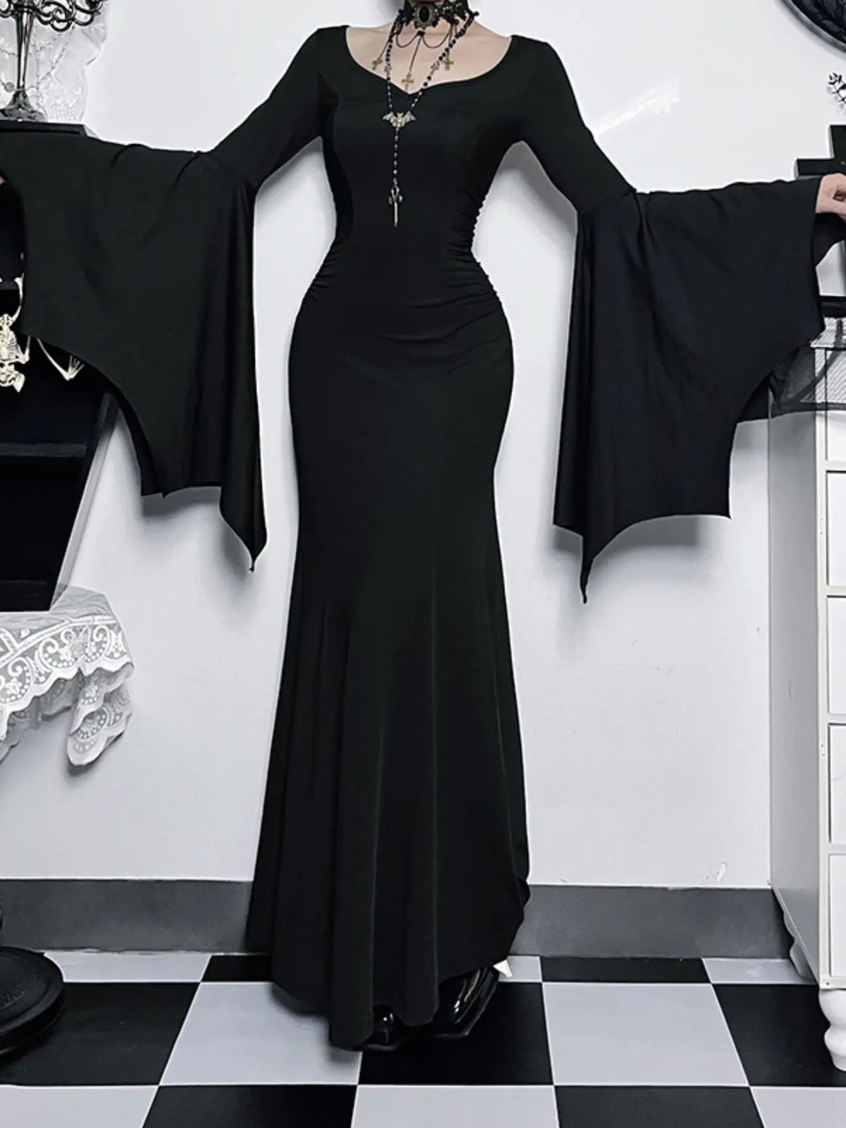 Women's Solid Color Ruched Mermaid Maxi Bodycon Fitted Dress, Chic Elegant Formal Sweetheart Neck Batwing Long Sleeve Evening Party Gown, Fall & Winter Clothes, Womenswear