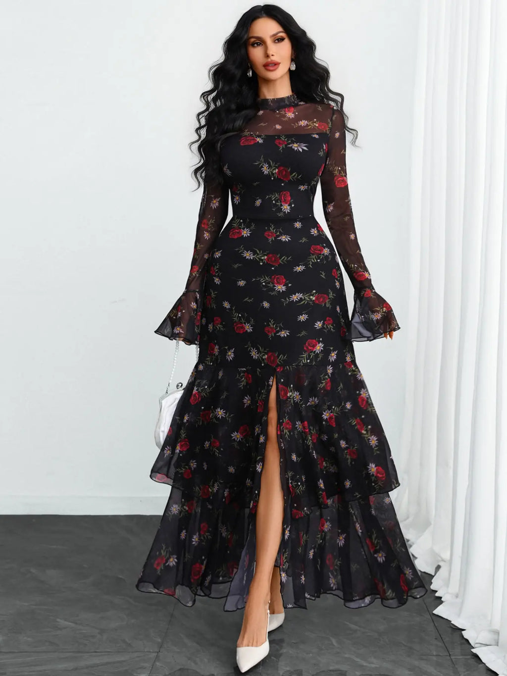 Women's Romantic Polka Dot Split Mesh Patchwork Layered Elegant Chic Formal Flared Skirt Dress, Long Sleeve, Fitted Style, Evening Formal Wear, All Seasons, No Waistband Included