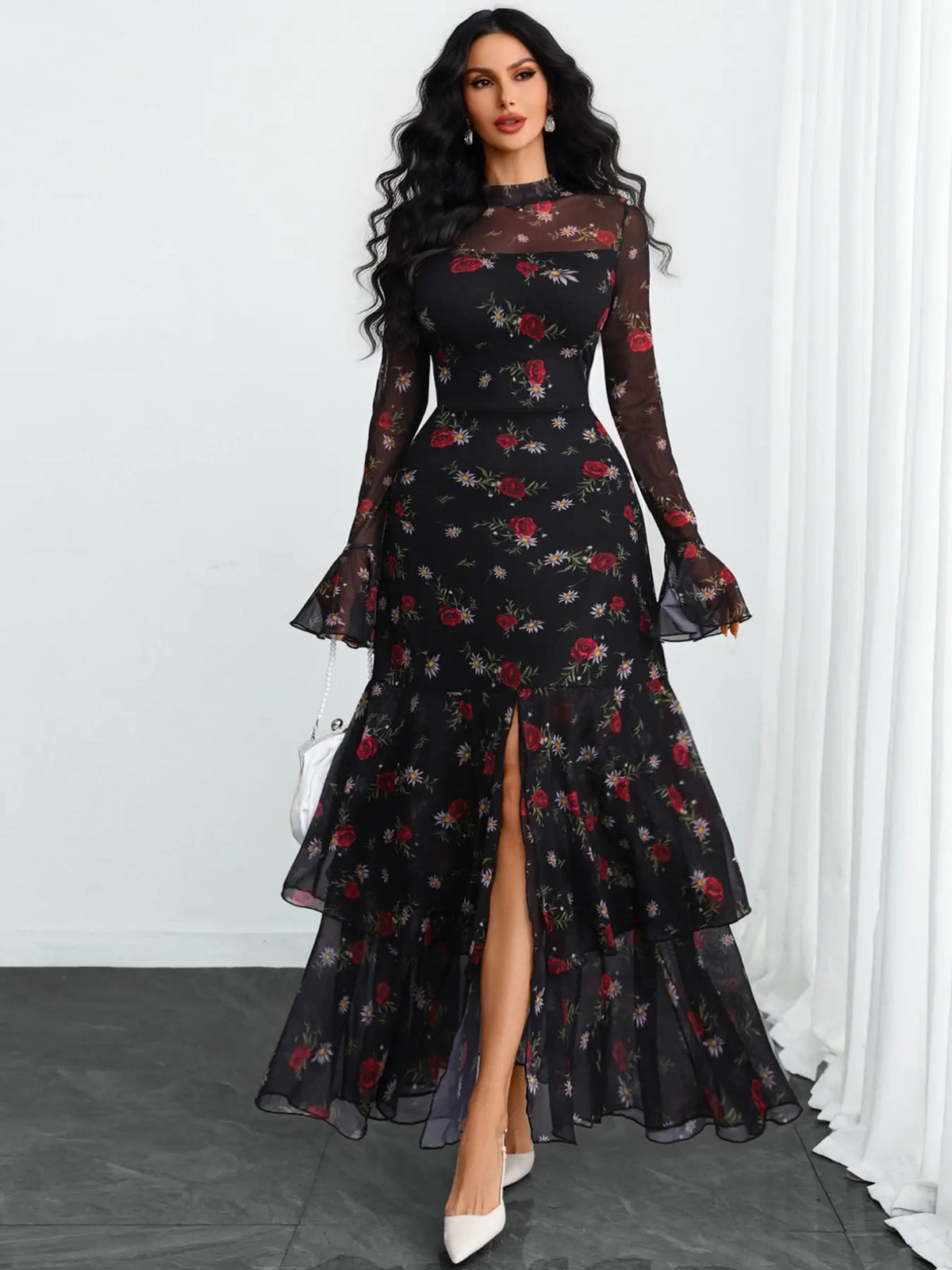Women's Romantic Polka Dot Split Mesh Patchwork Layered Elegant Chic Formal Flared Skirt Dress, Long Sleeve, Fitted Style, Evening Formal Wear, All Seasons, No Waistband Included