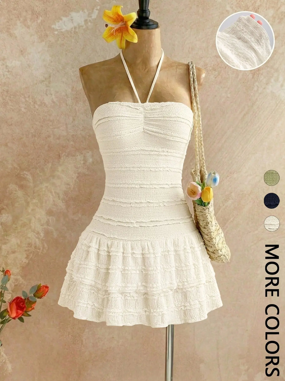 Women's Textured Smocked Halter Mini Dress, Ruched Bust, Multi-Layer Ruffled Tiered Hem, Stretchy Knit, Adjustable Tie Straps, Date Night & Vacation Wear, Sleeveless Ruffle Dress