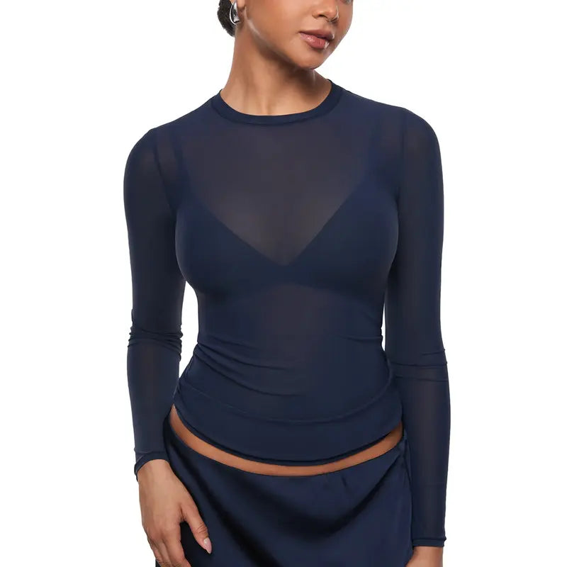 Cosnufy Mesh Sheer Long Sleeve Top Single Layer Crew Neck See Through