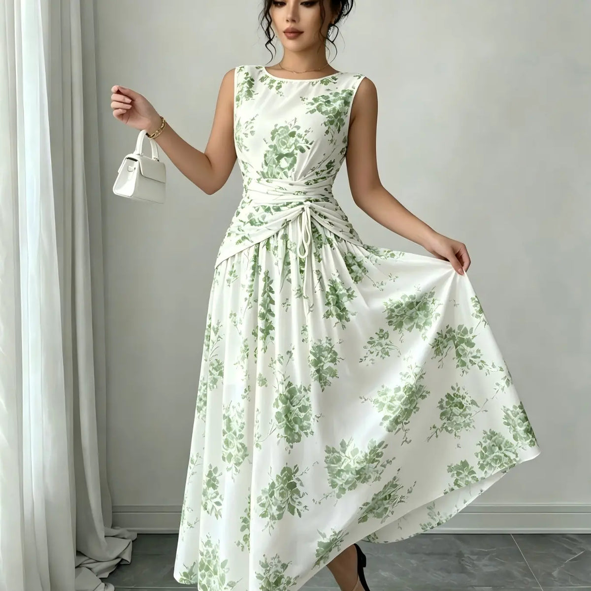 Women's Elegant Boho Floral Print Lightweight Mesh A-Line Dress, Sleeveless Adjustable Drawstring Design Long Formal Party Gown, Comfortable Office Wear, Chic Evening Dress, Versatile Daily Wear