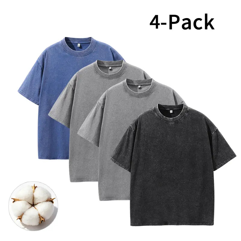 Men's Vintage Washed Cotton Streetwear T-Shirts, 2/4-Pack Oversized Plain Round Neck Bundle Short-Sleeve Tops with Cotton Build for Daily Rotation, Men's T Shirts