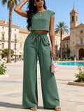Women's Linen Breathable 2 Piece Set, Sleeveless Crop Top & Wide Leg Pants, Drawstring Waist, Summer Vacation, Beach Resort Wear, Effortless Chic Style