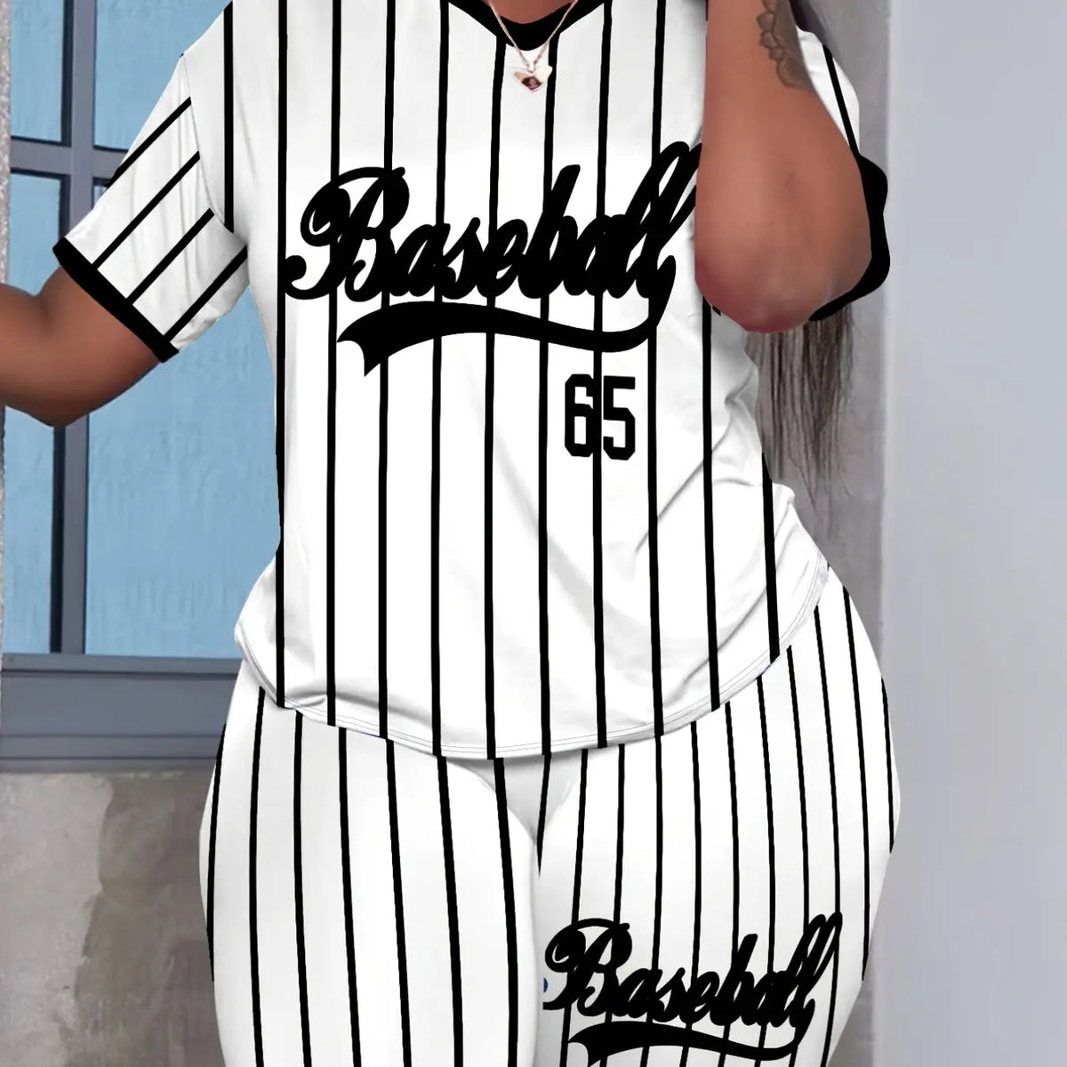 Women's Casual Stripe Print V Neck Two-Piece Set, Baseball Style Fitted Regular Length Tops & Shorts Set, Medium-Weight Fabric, Stretchy Summer Outfit