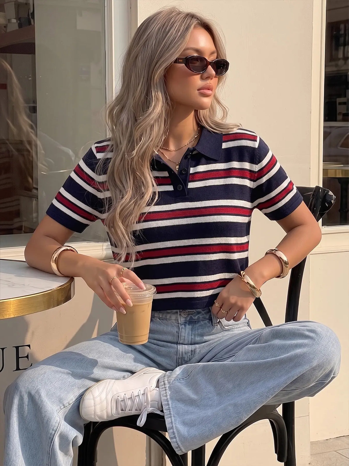 Elegant Women's Spring Summer Fashion Casual Home Office Commute Basic Simple Fitted Knit Striped Collar Button Half Open Short Sleeve Pullover Tops Collared Top