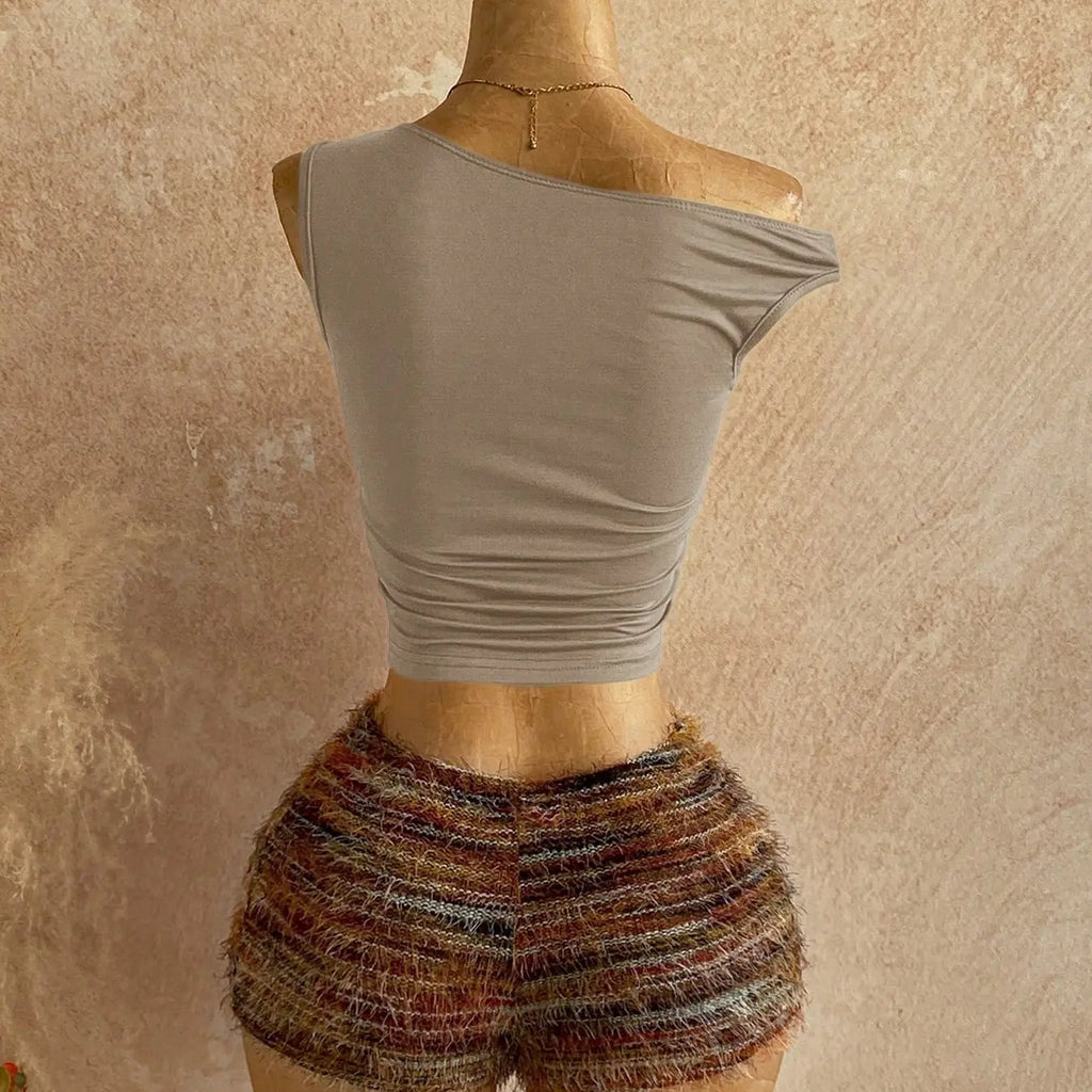 Y2K Aesthetic Casual Womenswear One-Shoulder Sleeveless Metallic Accent Crop Top & Vintage Fringe Tweed Shorts Set Striped Sets Shorts Sets Outfits Summer Sets