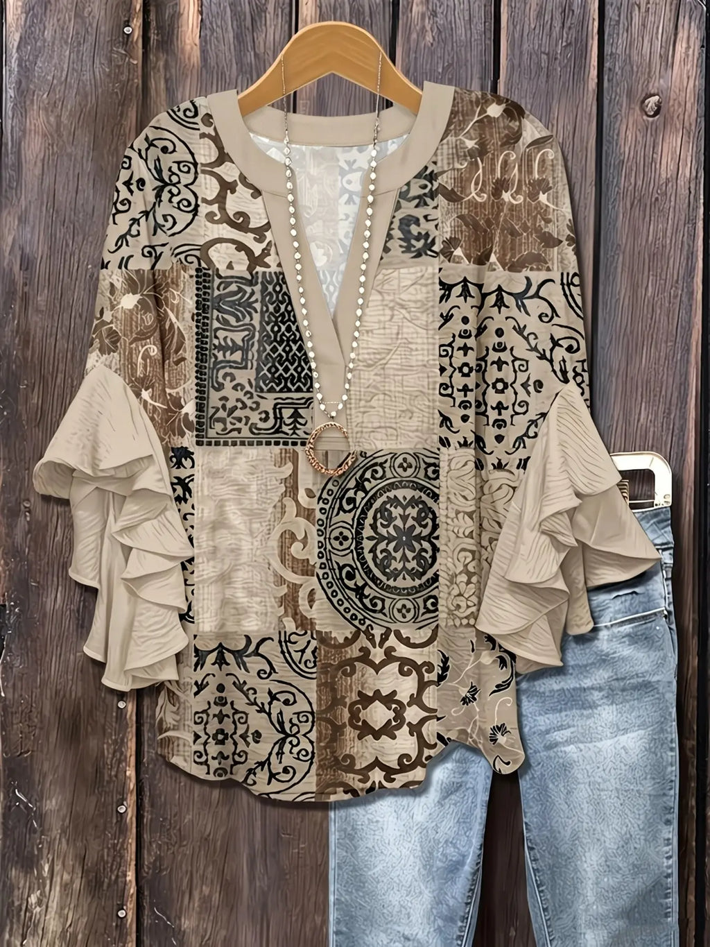 Plus Size Floral Print Flounce Sleeve Ruffles Blouse, Casual Loose-Fit Notched-Neck Top, Summer Wear, Trendy Bohemian Shirts, Comfortable Relaxed-Fit Blouse, Stylish Elegant Top for Parties, Boho Fashion Top