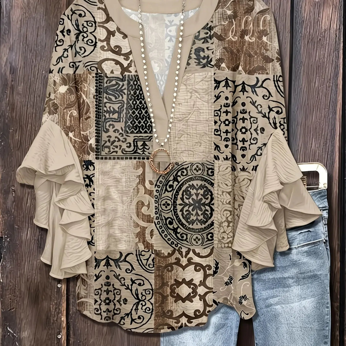 Plus Size Floral Print Flounce Sleeve Ruffles Blouse, Casual Loose-Fit Notched-Neck Top, Summer Wear, Trendy Bohemian Shirts, Comfortable Relaxed-Fit Blouse, Stylish Elegant Top for Parties, Boho Fashion Top
