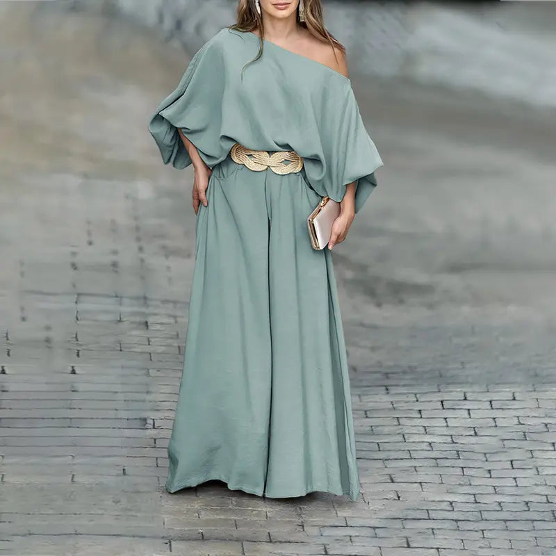 2026 CHICME Women's Skew Neck Lantern Sleeve Top & Wide Leg Pants Set & Wedding Gust