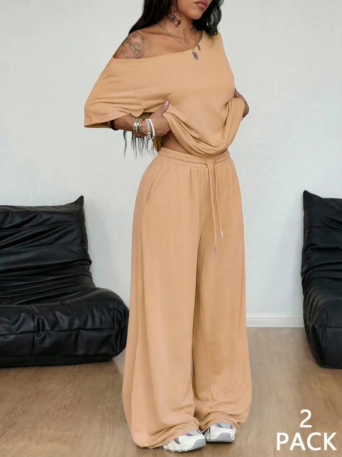 2pcs/Set Women's Minimalist Basic Daily Wear Going Out Sport Comfortable Off Shoulder T-Shirt And Wide Leg Pants Two Pieces Outfits Clothes