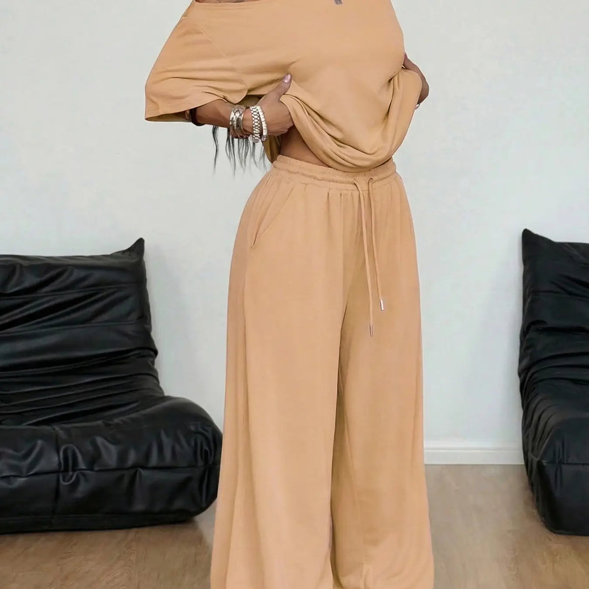 2pcs/Set Women's Minimalist Basic Daily Wear Going Out Sport Comfortable Off Shoulder T-Shirt And Wide Leg Pants Two Pieces Outfits Clothes