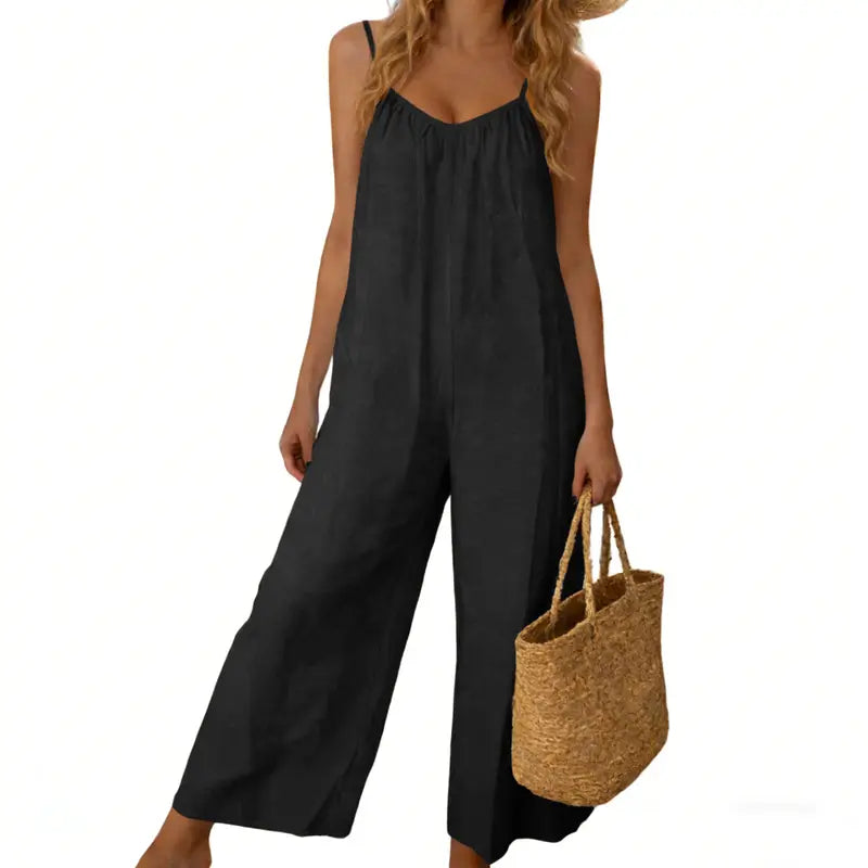 UANEO Women's Backless Jumpsuit Adjustable Spaghetti Strap Wide Leg Loose Vacation Style Romper with Pockets