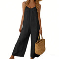 UANEO Women's Backless Jumpsuit Adjustable Spaghetti Strap Wide Leg Loose Vacation Style Romper with Pockets