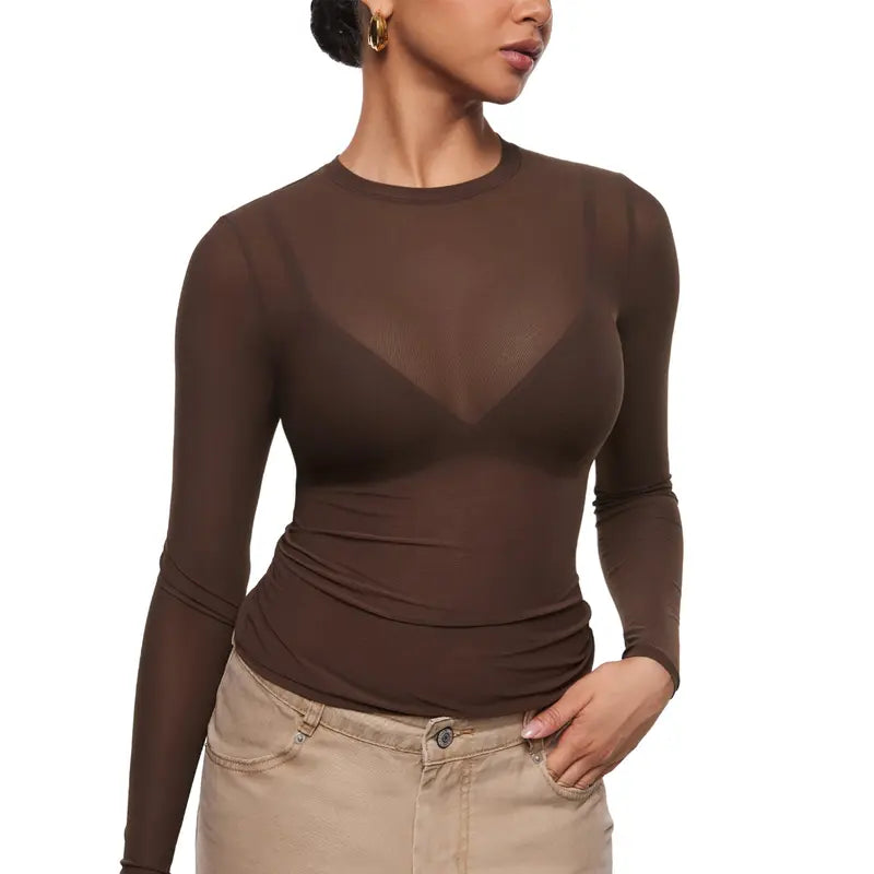 Cosnufy Mesh Sheer Long Sleeve Top Single Layer Crew Neck See Through