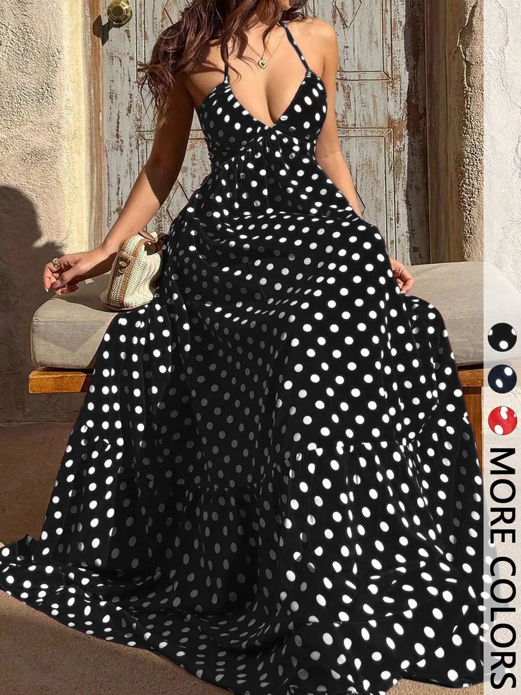 Polka Dot Halter Maxi Dress with Deep V-Neck, Open Back Tie Closure and Tiered Hem, Empire Waist Flowy Elegant Classy Flattering Long Dress for Summer, Vacation and Evening Wear