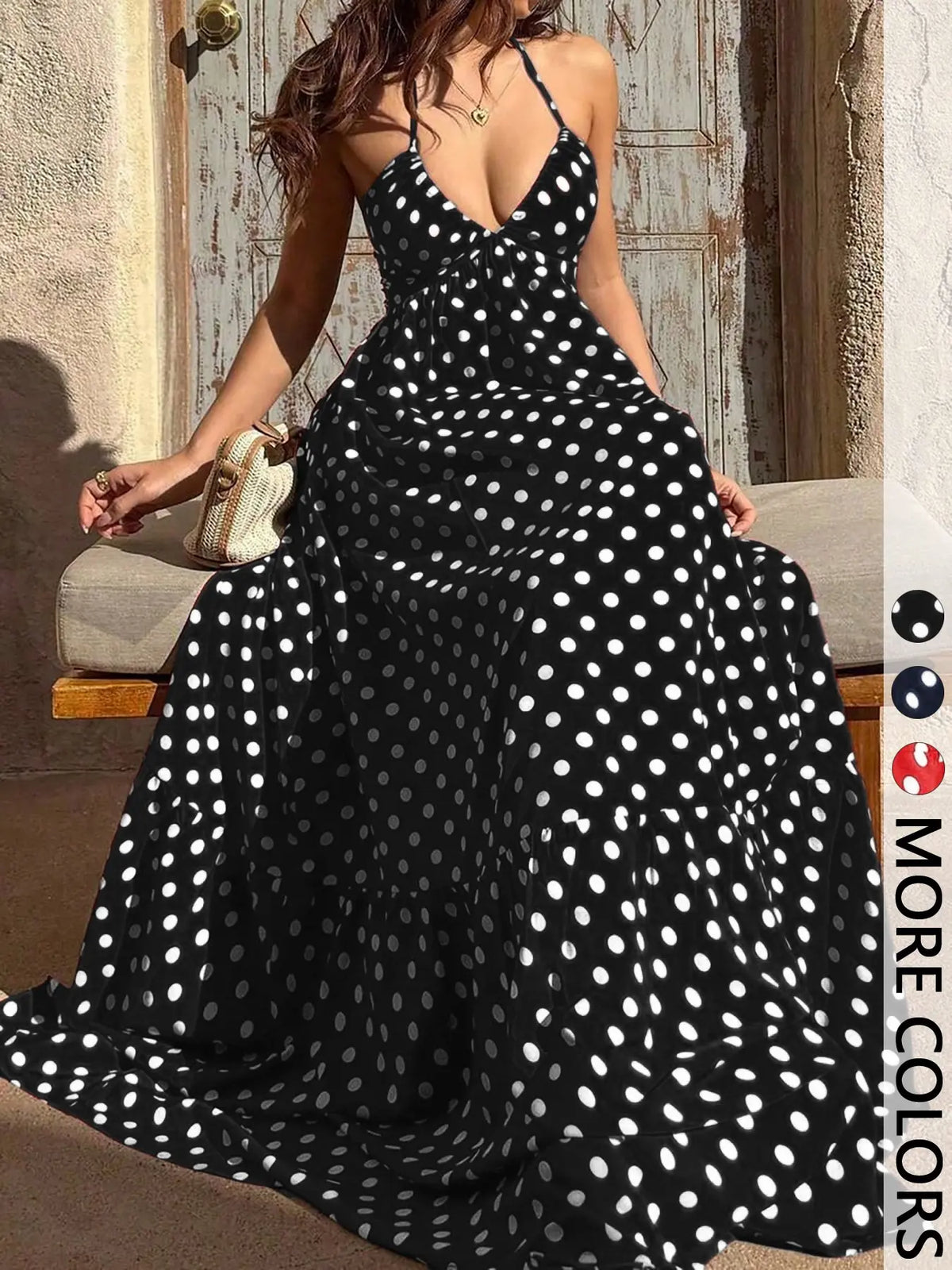 Polka Dot Halter Maxi Dress with Deep V-Neck, Open Back Tie Closure and Tiered Hem, Empire Waist Flowy Elegant Classy Flattering Long Dress for Summer, Vacation and Evening Wear