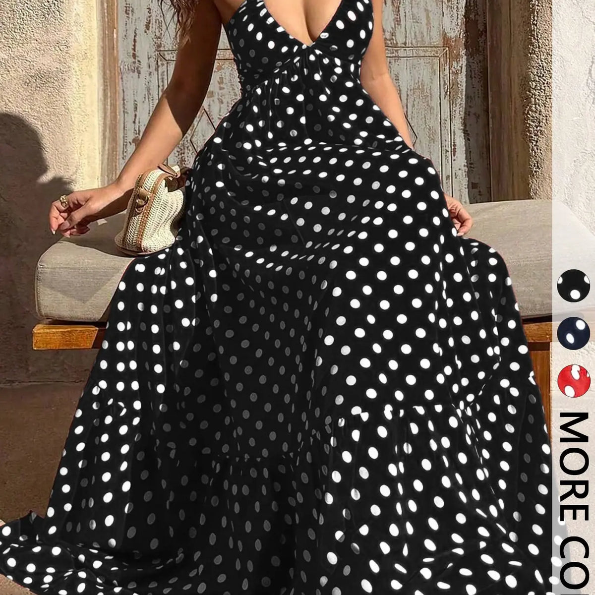 Polka Dot Halter Maxi Dress with Deep V-Neck, Open Back Tie Closure and Tiered Hem, Empire Waist Flowy Elegant Classy Flattering Long Dress for Summer, Vacation and Evening Wear