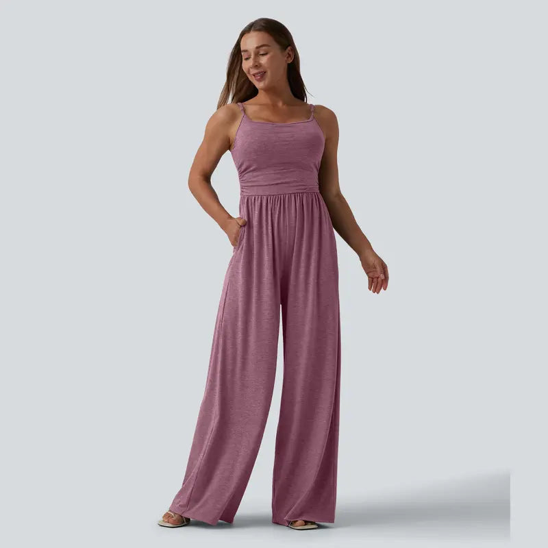 Halara Adjustable Straps Ruched Wide Leg Heathered Casual Jumpsuit with Pockets-Easy Peezy