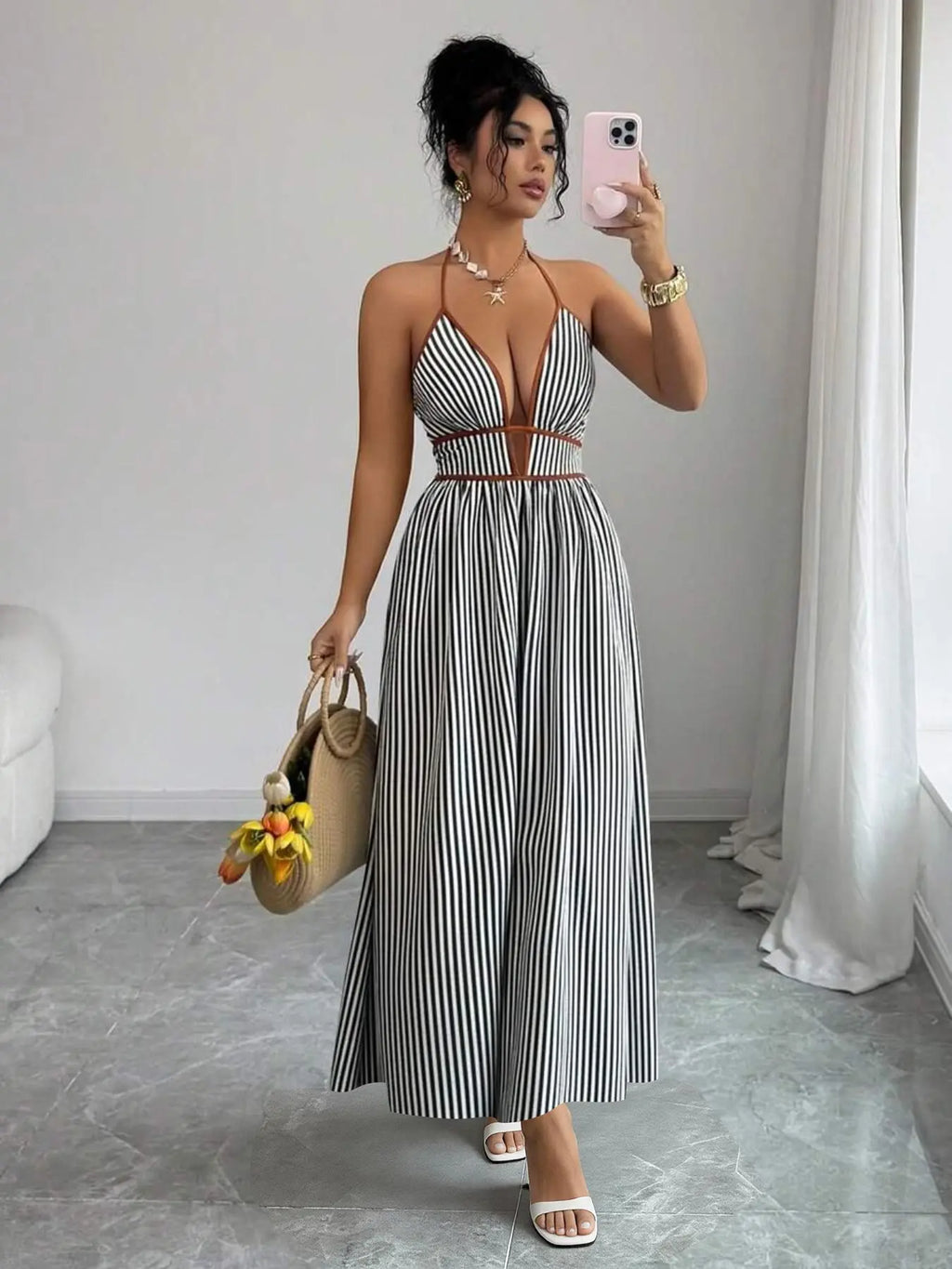 Women's Striped Deep V Neck Backless Sleeveless Maxi Dress, Striped Pattern Dress, Date Night Dresses, Womenswear, Sexy Vacation Chic Style, Elegant Summer Fashion, Perfect for Parties and Casual Wear