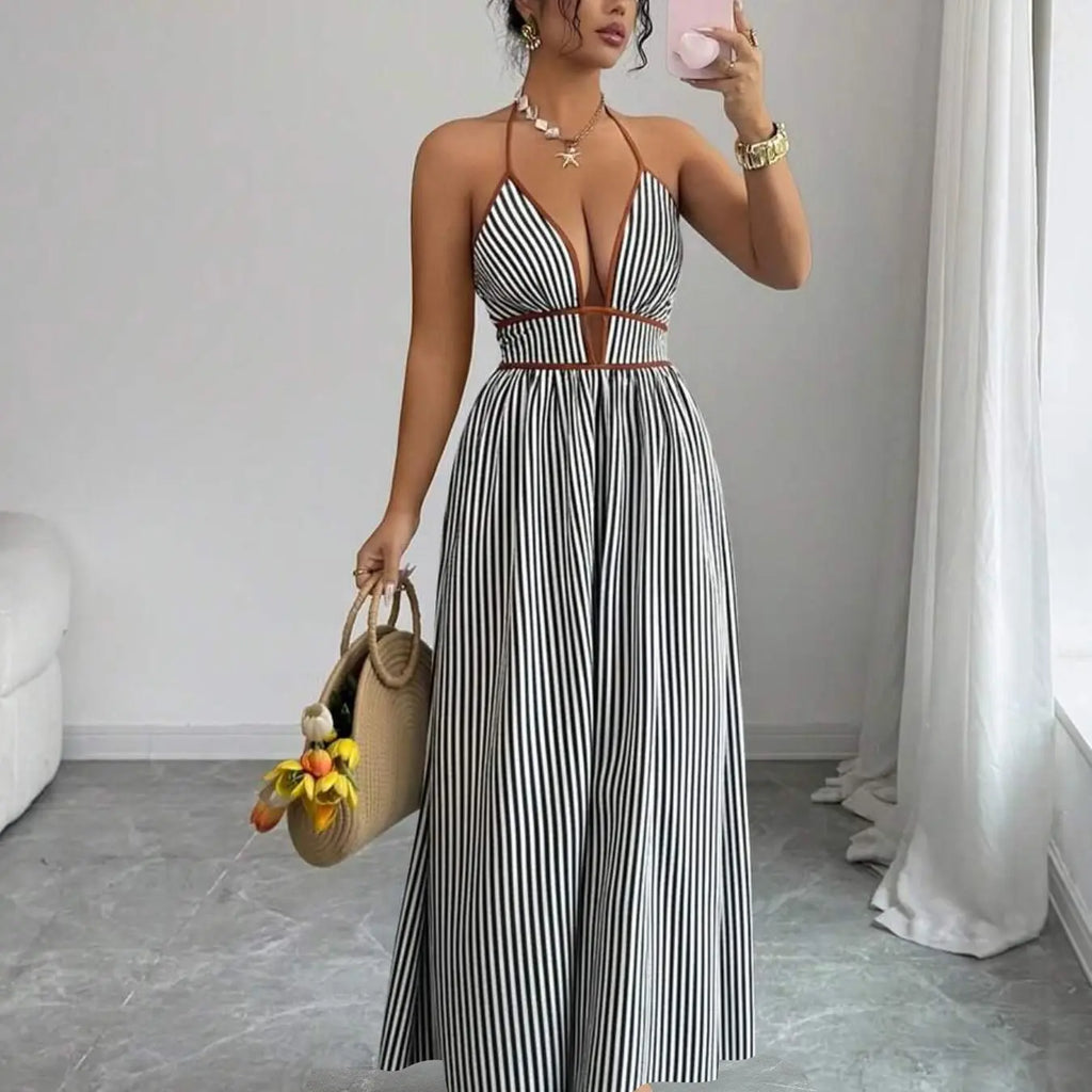Women's Striped Deep V Neck Backless Sleeveless Maxi Dress, Striped Pattern Dress, Date Night Dresses, Womenswear, Sexy Vacation Chic Style, Elegant Summer Fashion, Perfect for Parties and Casual Wear