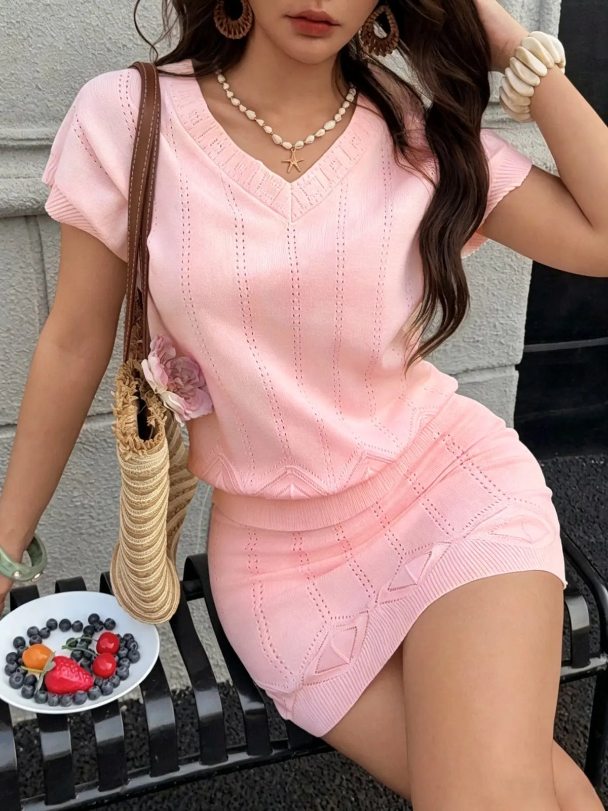 Two-Piece Women's Summer Clothes Set, V-Neck Hollow Out Cutout Top, Short A-Line Skirt, Slim Fit, Casual Elegant Chic Style, Knitwear for Vacation, Skirt And Top Set