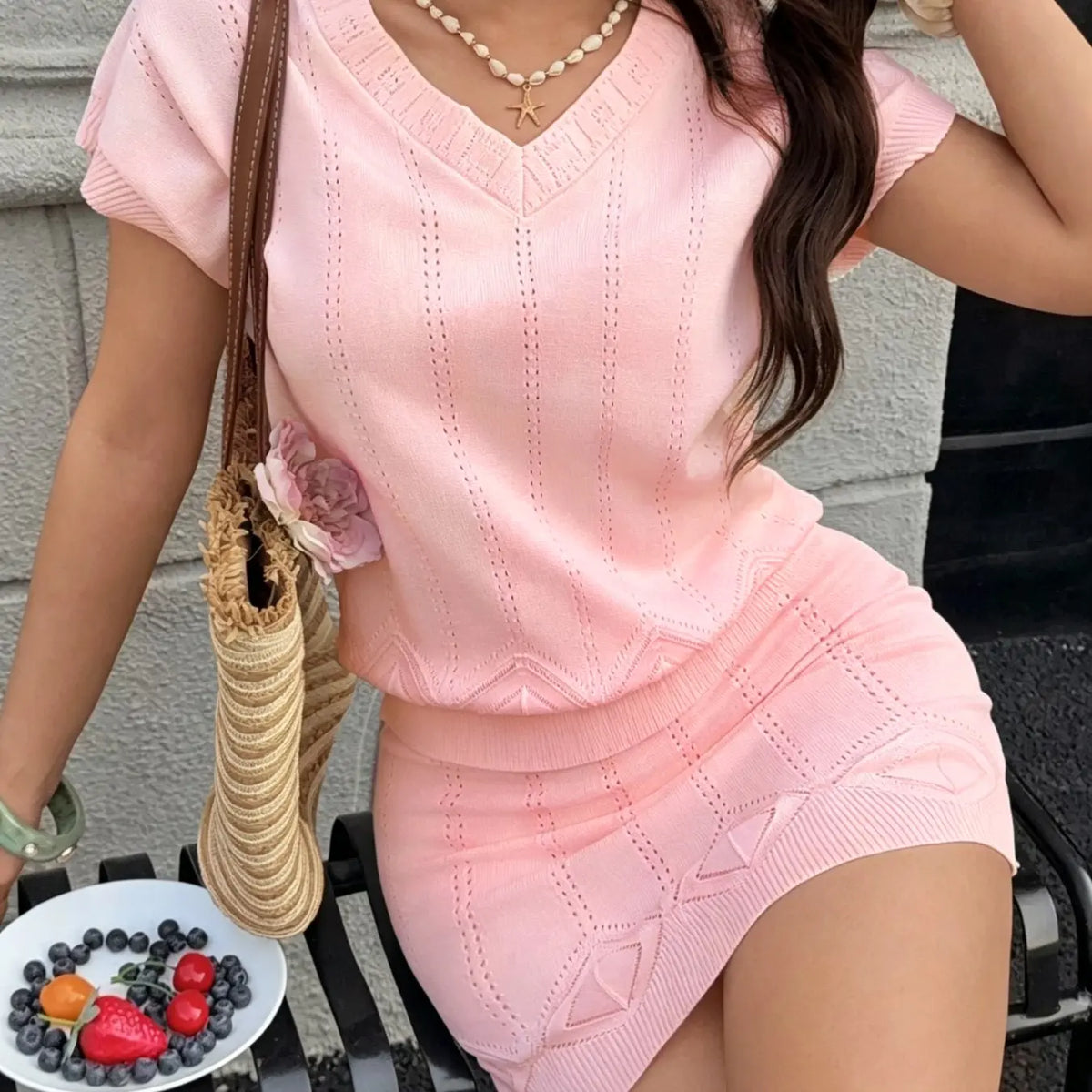 Two-Piece Women's Summer Clothes Set, V-Neck Hollow Out Cutout Top, Short A-Line Skirt, Slim Fit, Casual Elegant Chic Style, Knitwear for Vacation, Skirt And Top Set