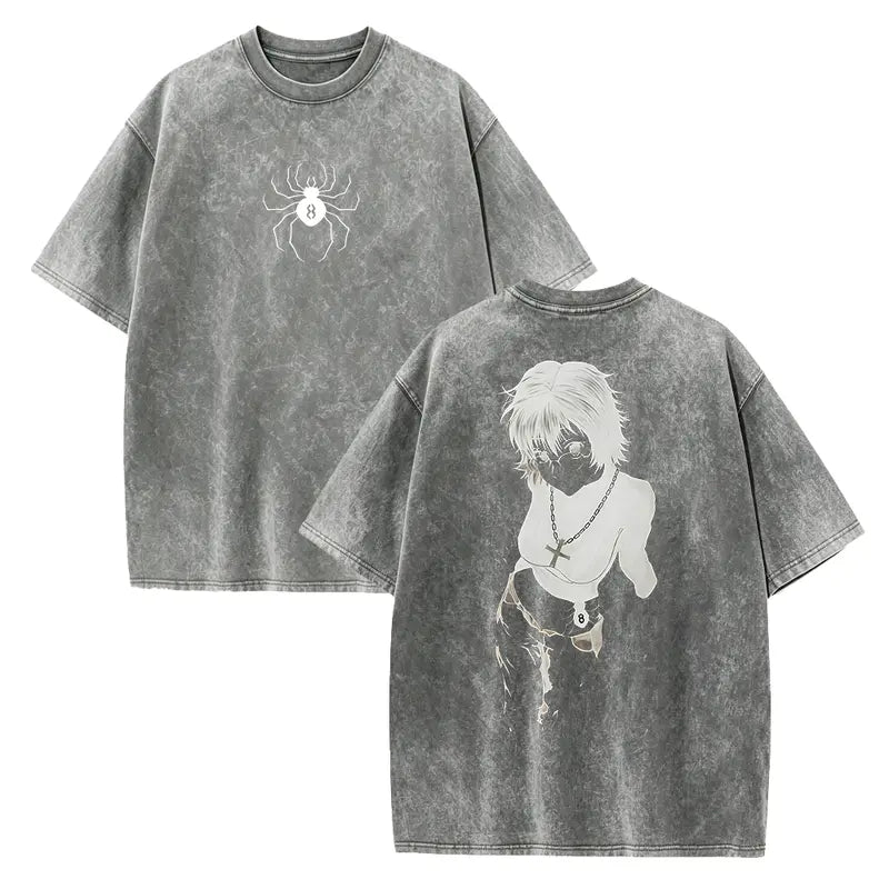 Men's Hunter X Hunter Shizuku Graphic T-Shirt - 100% Heavyweight Cotton, Vintage Washed, Ribbed Elastic Knit, Short-Sleeve, Loose Baggy Fit, Casual Anime Merchandise, Round Neck Graphic Shirt, Size L