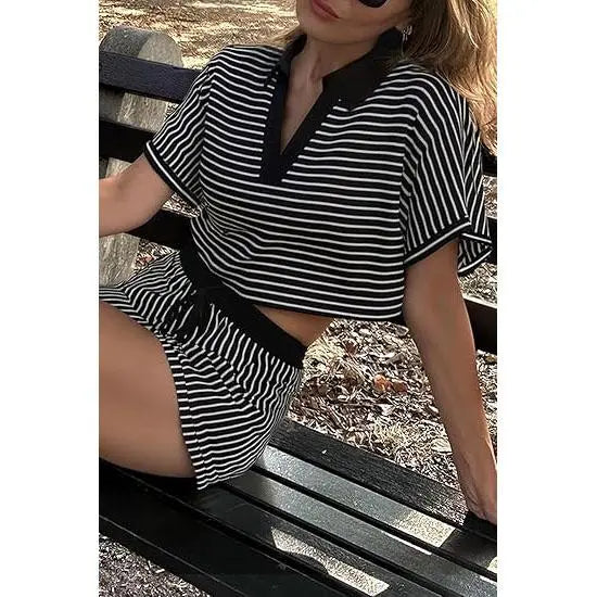 Cicy Bell Womens Striped 2 Piece Short Sets Summer Short Sleeve Collared V Neck Cropped Tops Vacation Casual Lounge Outfits