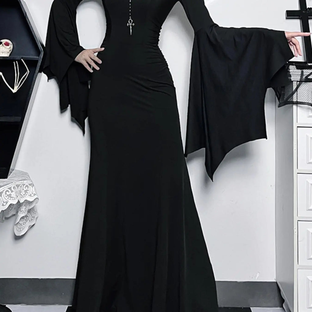 Women's Solid Color Ruched Mermaid Maxi Bodycon Fitted Dress, Chic Elegant Formal Sweetheart Neck Batwing Long Sleeve Evening Party Gown, Fall & Winter Clothes, Womenswear
