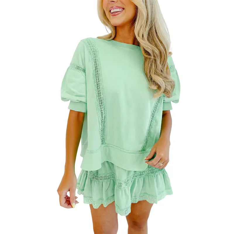 Fisoew Women's Cotton Lace Trim 2-Piece Set - Short Puff Sleeve Top & Ruffled Shorts, Trending Casual Matching Set for Summer Vacation Beach Lounging, Soft Ready-to-Wear Lacy Outfit SohoChic