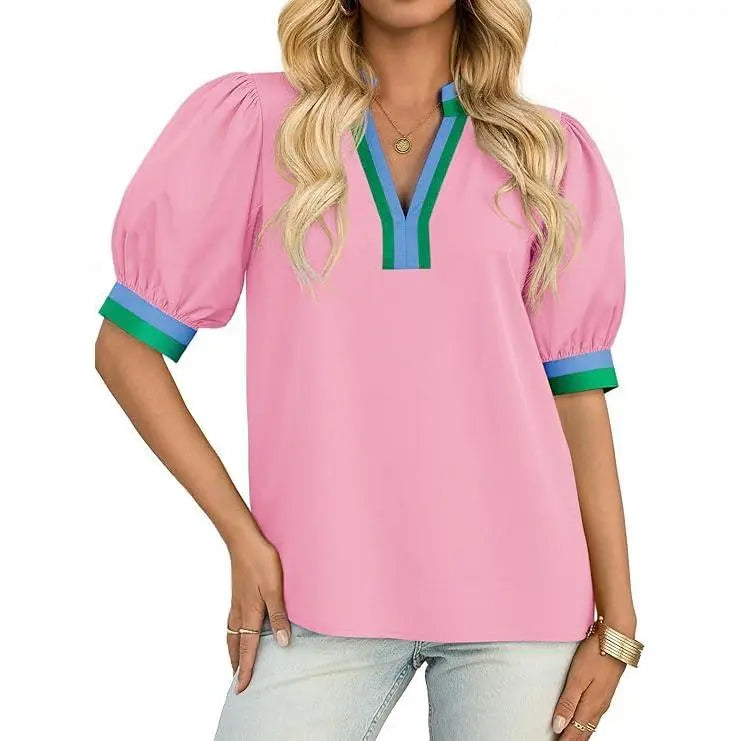 TANKANEO Women's Elegant Chic V-Neck Puff Sleeve Polyester Blouse - Dressy Tops for Coffee, Party, Summer, Loose Fit with Floral or Leopard Prints, Blouses for Women
